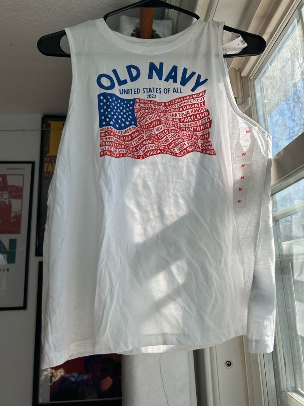 Old Navy White Sleeveless Graphic Tank with Red & Blue Accents